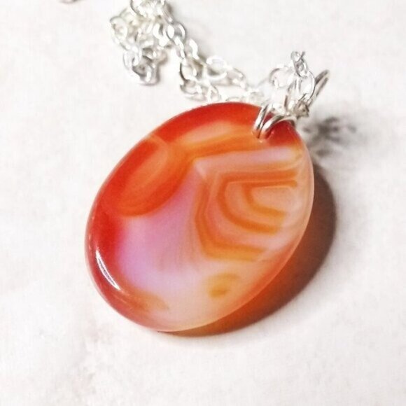 Banded Agate Necklace 22" ~ Juicy Orange Tangerine Cantaloupe Melon Hues - Picture 3 of 7